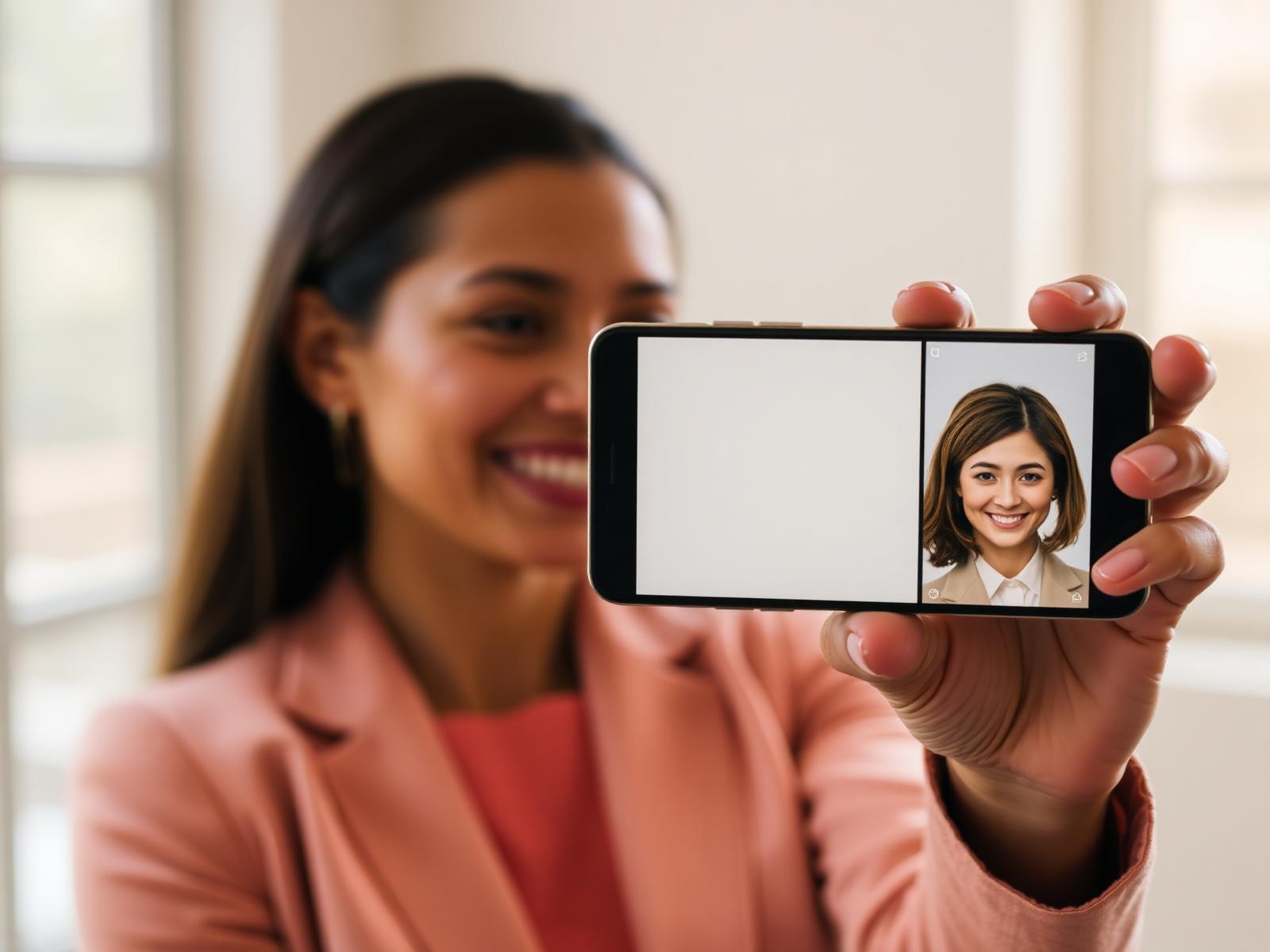 A professional holding a phone showing a video message recording